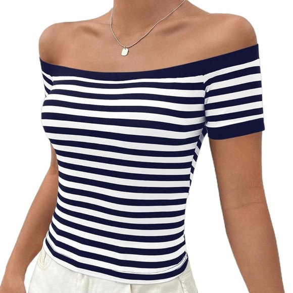 Navy/White Striped Off The Shoulder Top - Picture 1 of 5